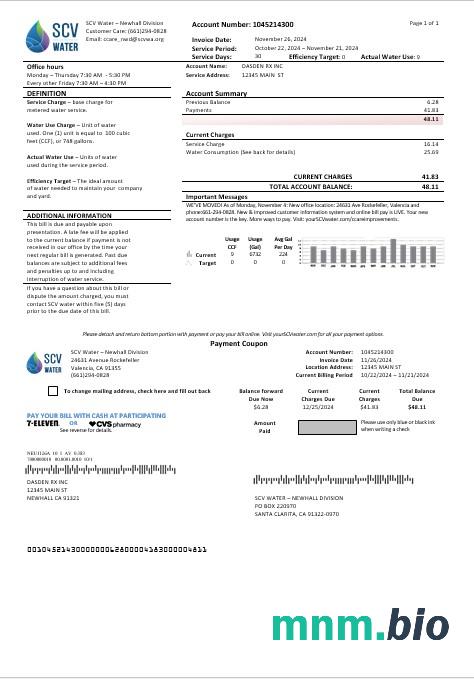 Usa California Santa Clarita SCV Water rachunek za usługi komunalne szablon w formacie Word i PDF